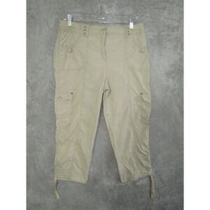 Chicos Cargo Capri Pants Beige Cropped Drawstring‎ Waist Women L